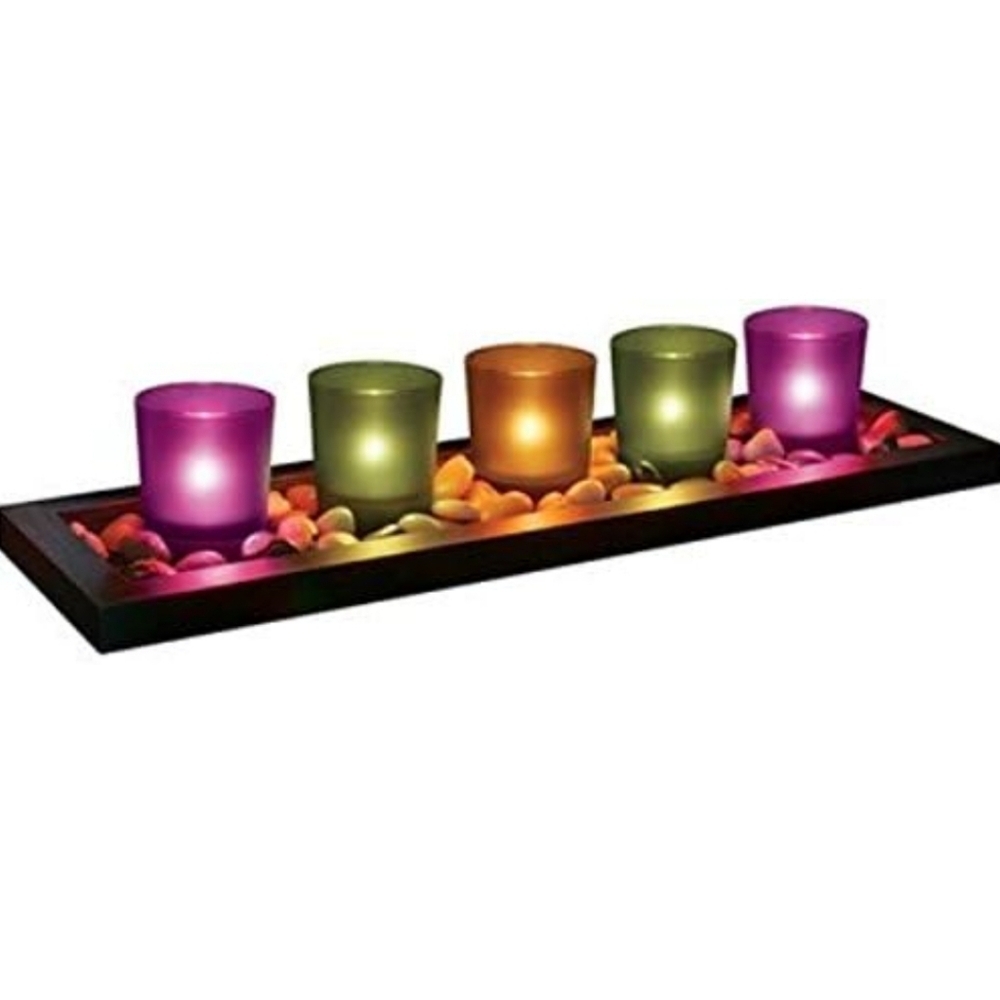 FineLife 5 Votive Candle Holder Set with Pebble Accents & Wooden Tray